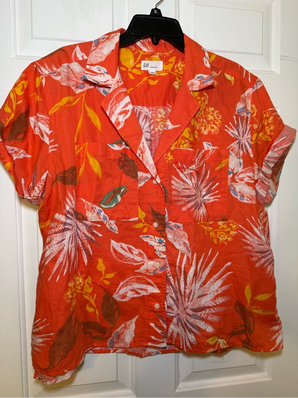 Gap Woman’s XL Camp Shirt Bright Orange Yellow Floral Linen Classic Tropical